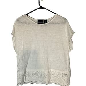 Cynthia Rowley Women’s White Lace Embroidered Trim Linen Short Sleeve Blouse Med